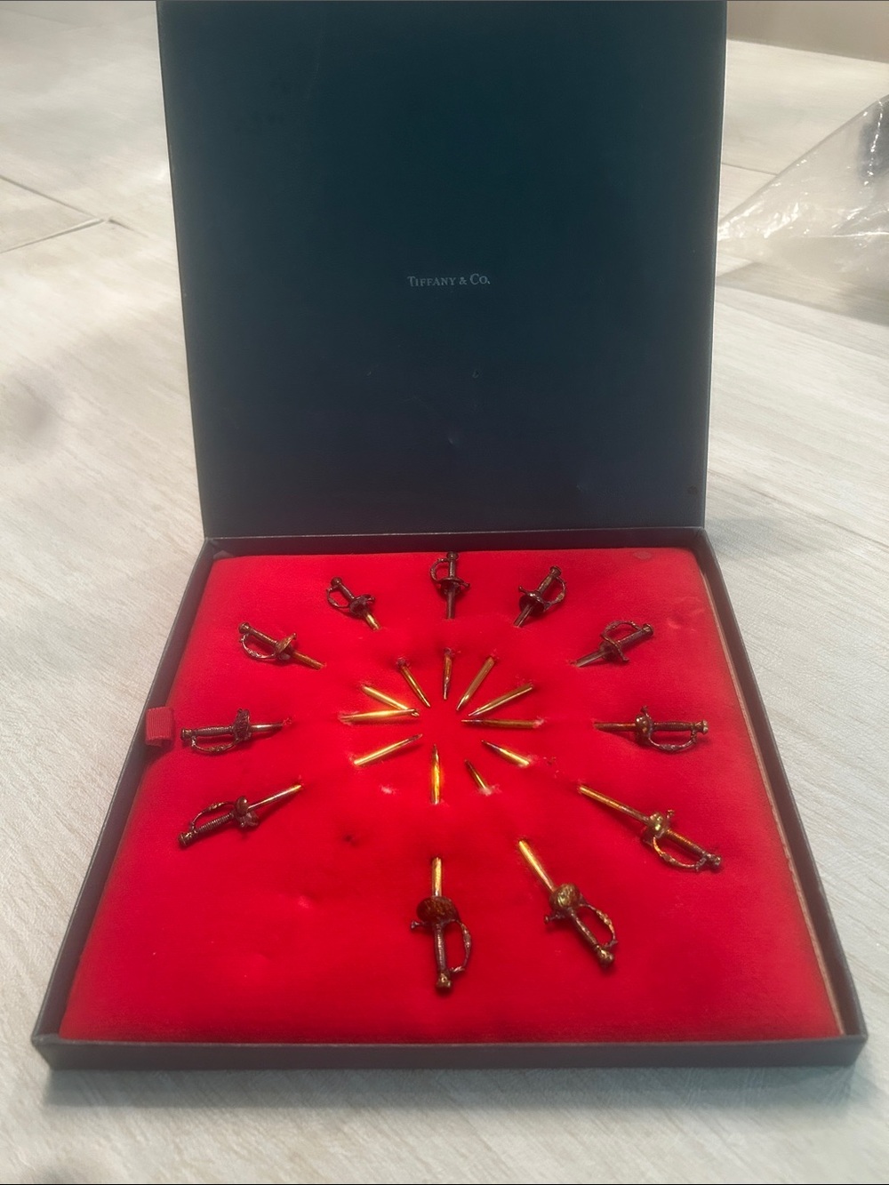 Tiffany & Co. Gold-Tone Sword Tie Tack Set with Red Case